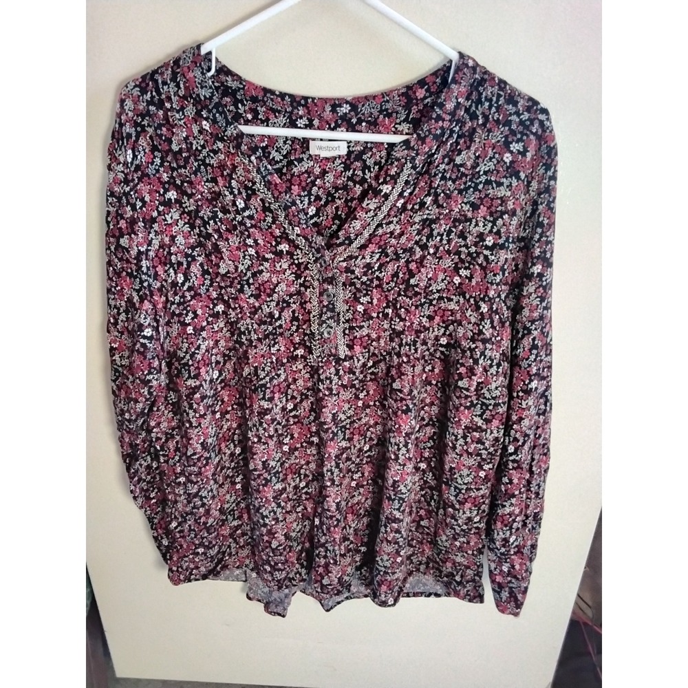 Westport Womens 1X Floral Blouse‎ Long Sleeve V-Neck Beaded Trim Pink Black Top